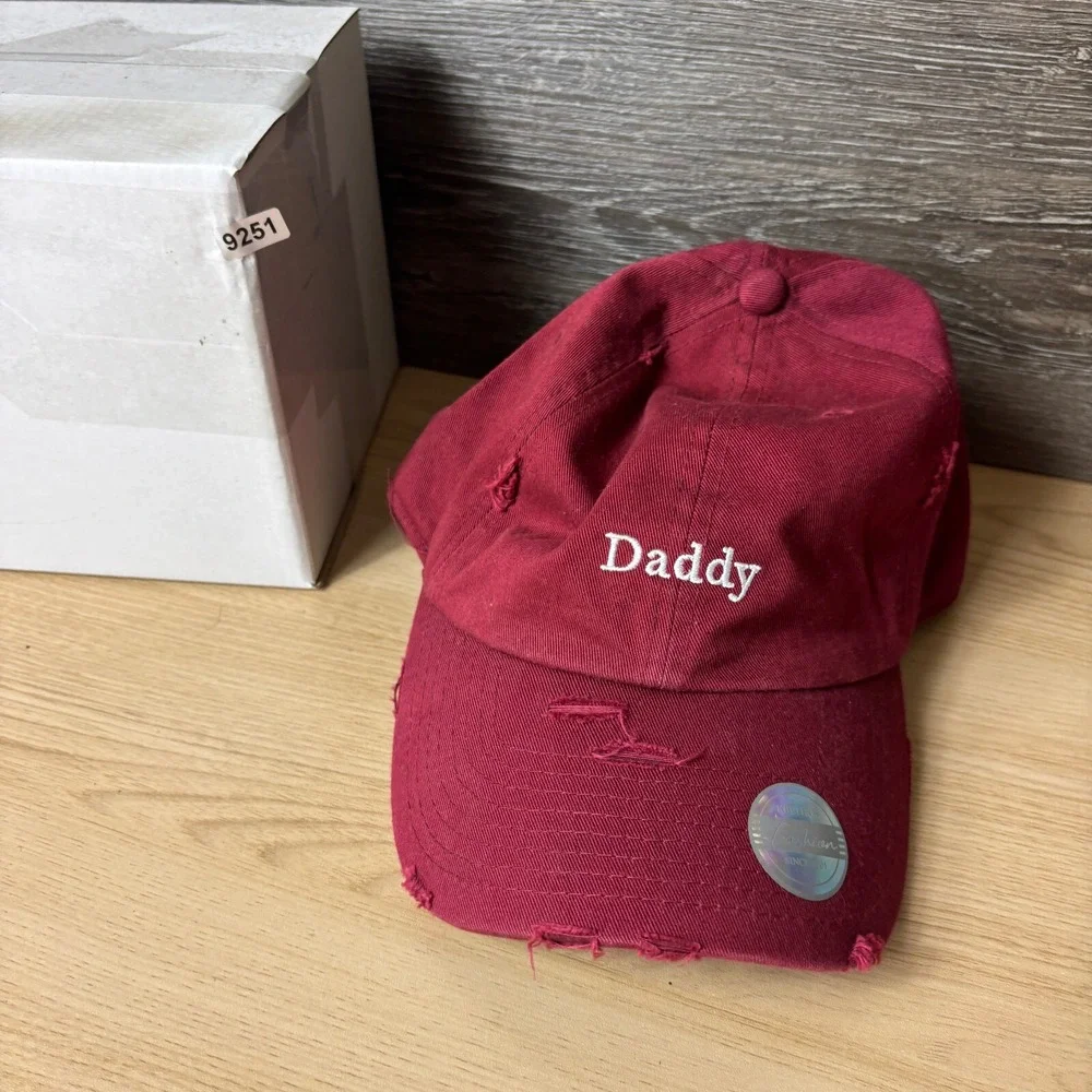Daddy Hat Cap Strap Back Womens Red Maroon Distressed Adjustable